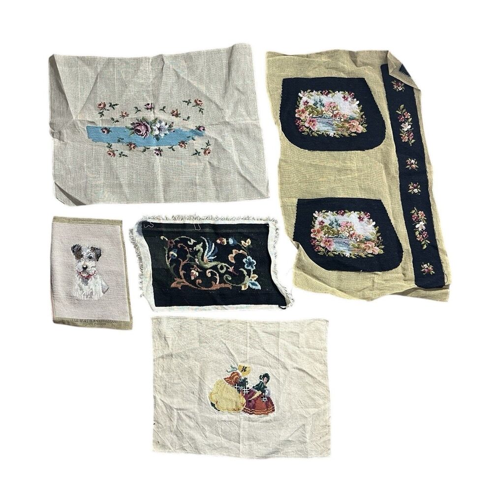 Vtg Needlepoint Assorted Art Floral Dragon Terrier House Cottage Core Lot (5)